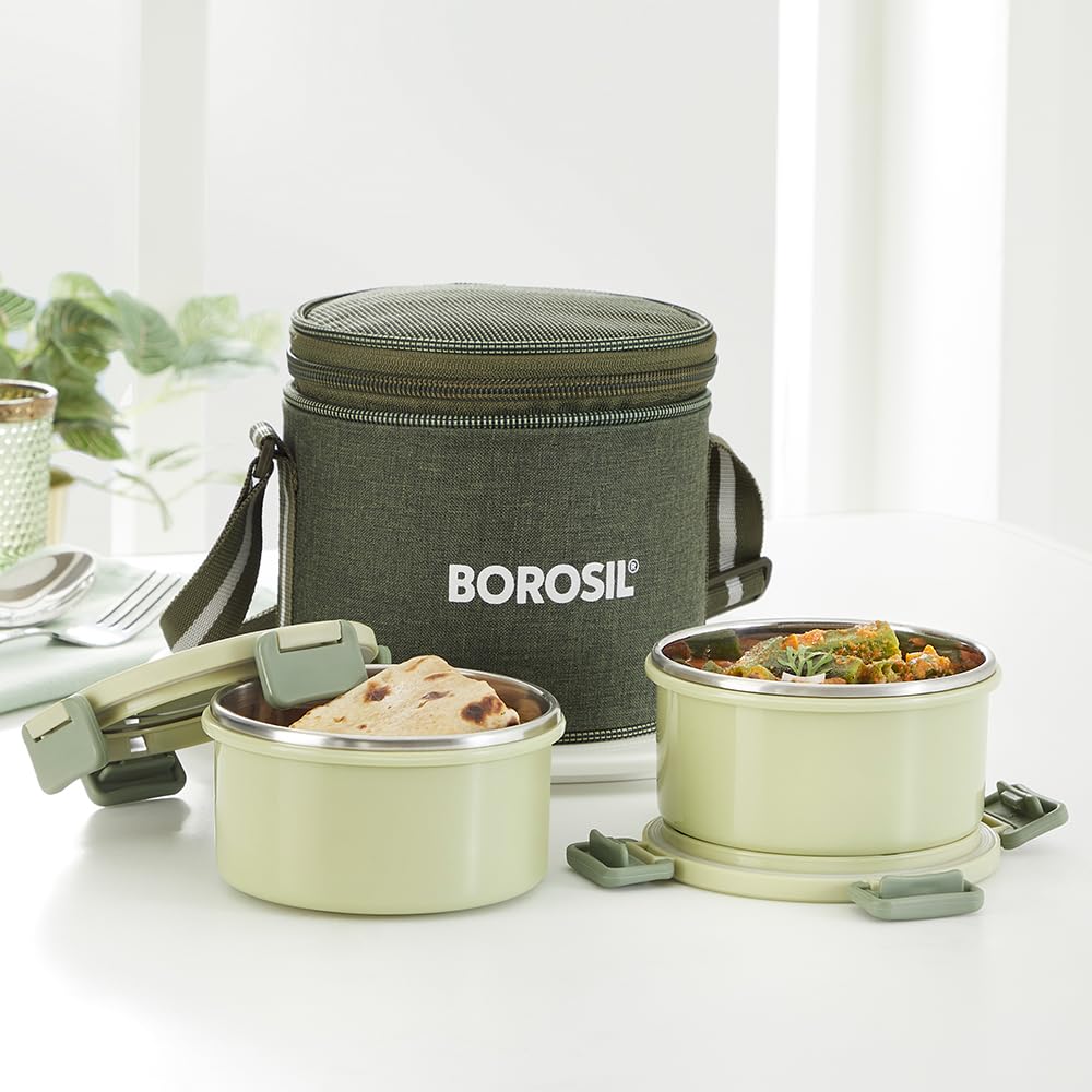 Borosil Glory Green Stainless Steel Lunch Box with Bag | 2 pcs Container Set (280 ml Each) | Microwavable Tiffin with Food Grade Steel | Leakproof & Dishwasher Safe | 1 Year Warranty (B0D5R8GMDB) Amazon Price History, Amazon Price Tracker