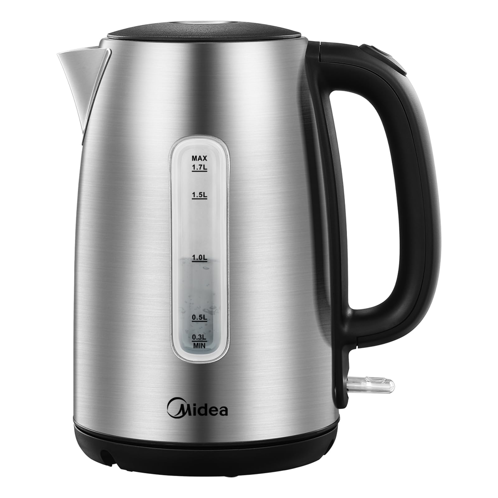 Midea Wasserkocher Edelstahl 1.7L, BPA-freier Wasserkocher, 2200W Schnellkochfunktion, Kettle mit Wasserstandsanzeige, LED-Leuchtanzeige, 360°-Basis, Trockenlaufschutz, MKE17M1ADS