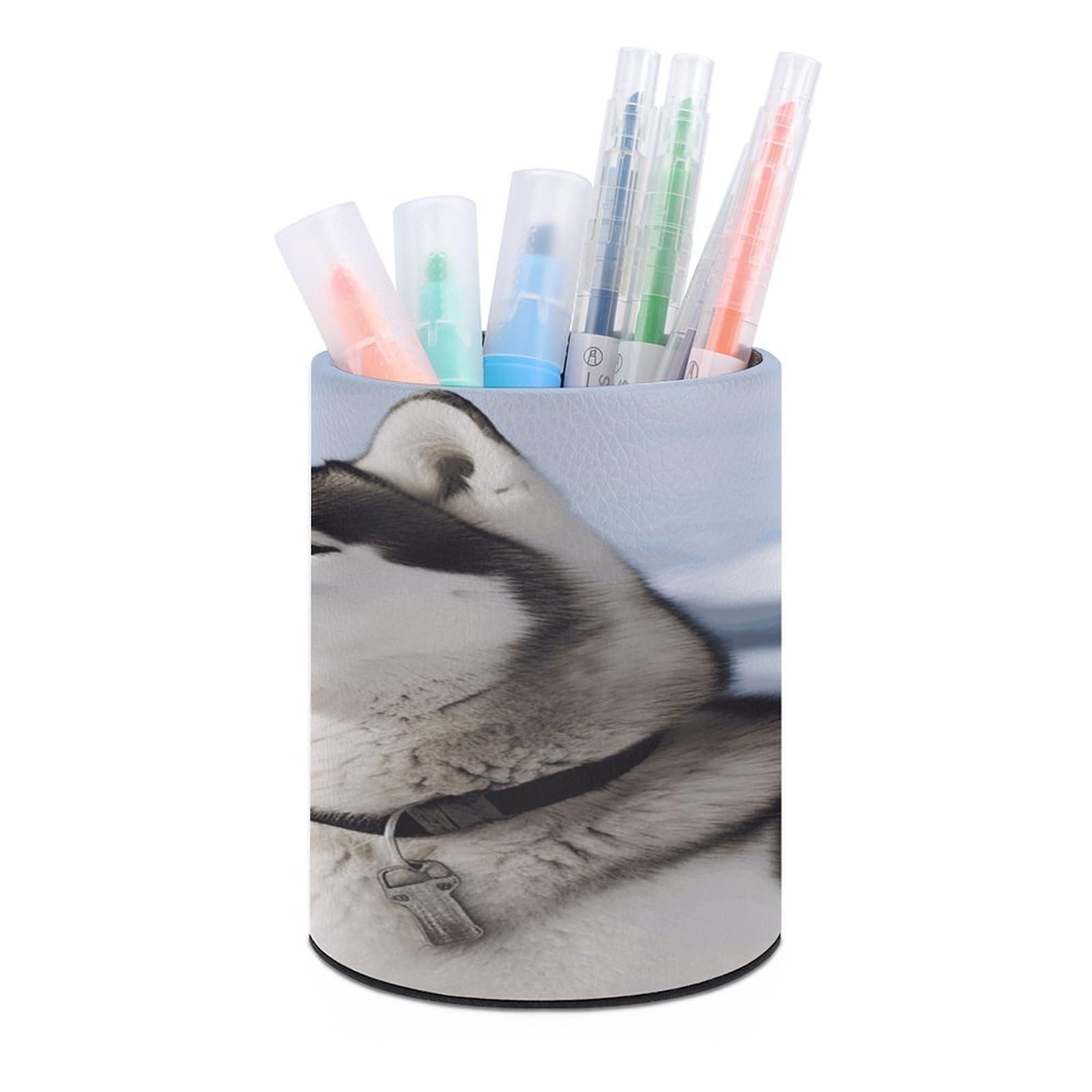 VstaDank Husky Dogs Pen Holder Leather Pencil Cup Round Pencil Holder for Desk Organizer Personalized Pen Cup Fashion Pen Organizer Makeup Brush Holders for Office Home&Gift
