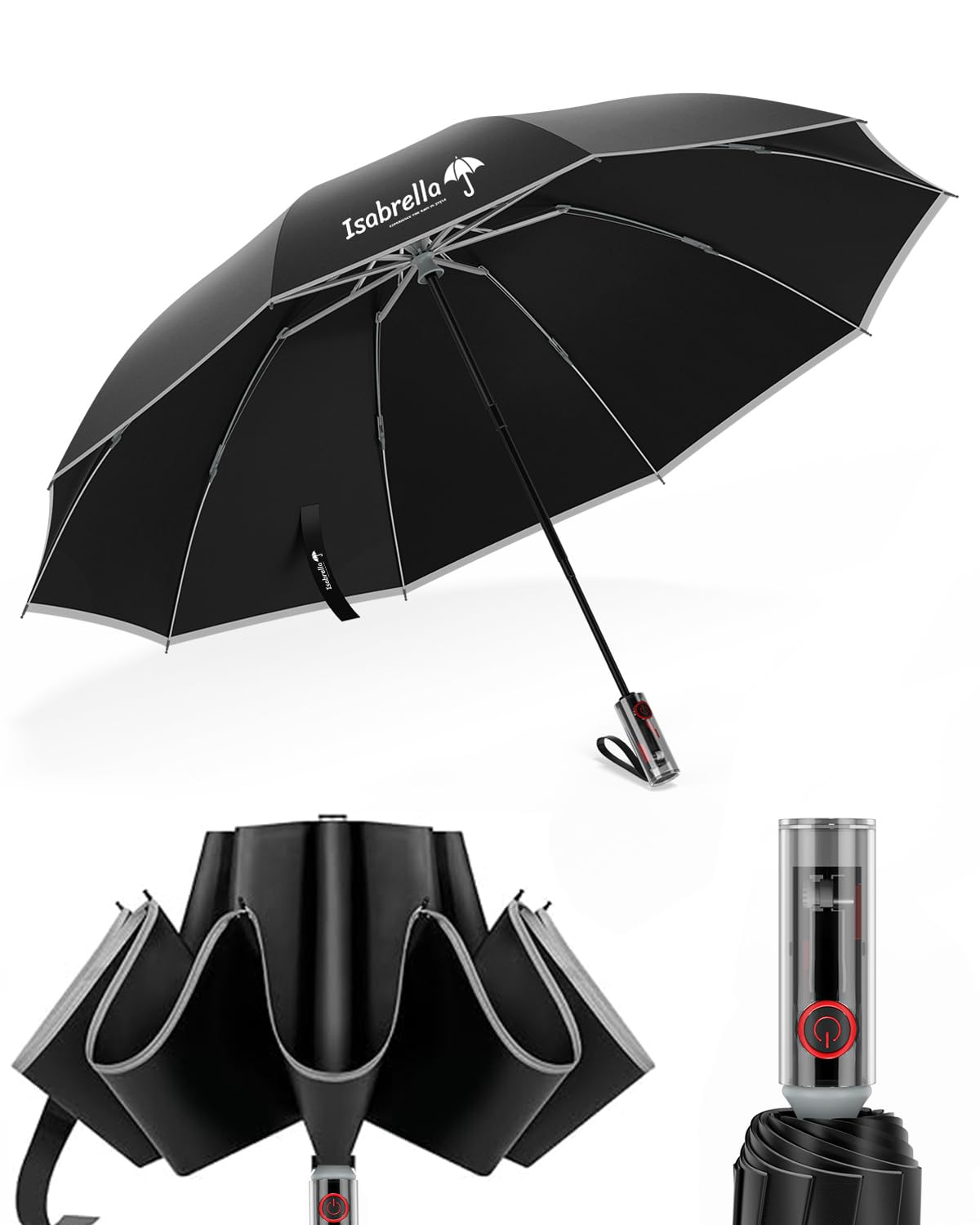 Umbrella for Men - Reverse Umbrella with Automatic One-Touch Open - Umbrella 3 fold with 360° Reflective Strip - Folding Umbrella Suitable for Rainy Days