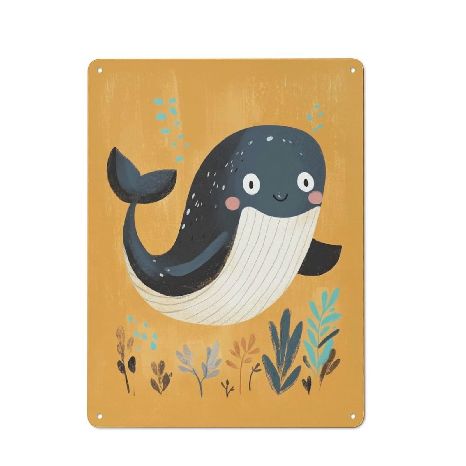 Junmoney Cute Whale Illustration 40X30cm Rustic Metal Sign With For Guest Room Or Hallway, For Vintage Wall Decor Fans, For Metal Sign Collectors