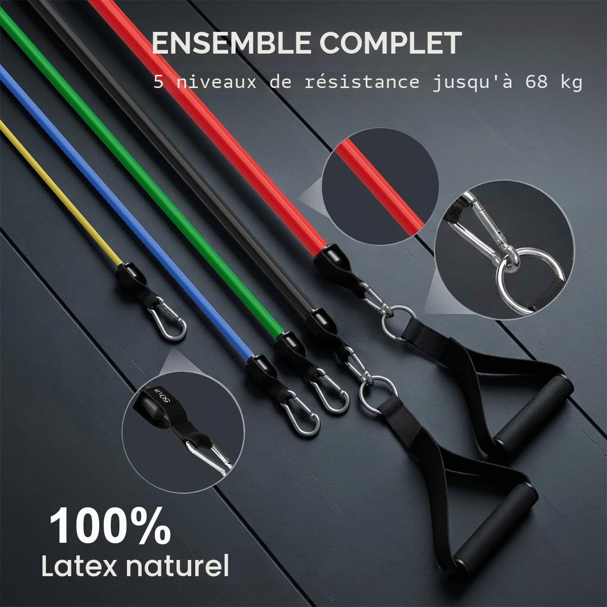 VEICK Lot de 5 Élastiques de résistance, tubes élastiques d’entraînement, de fitness, avec attache-porte, poignées, sac portable, sangles de cheville pour entraînement musculaire, kinésithérapie, esthétique corporelle, entraînement à domicile | Certifié e