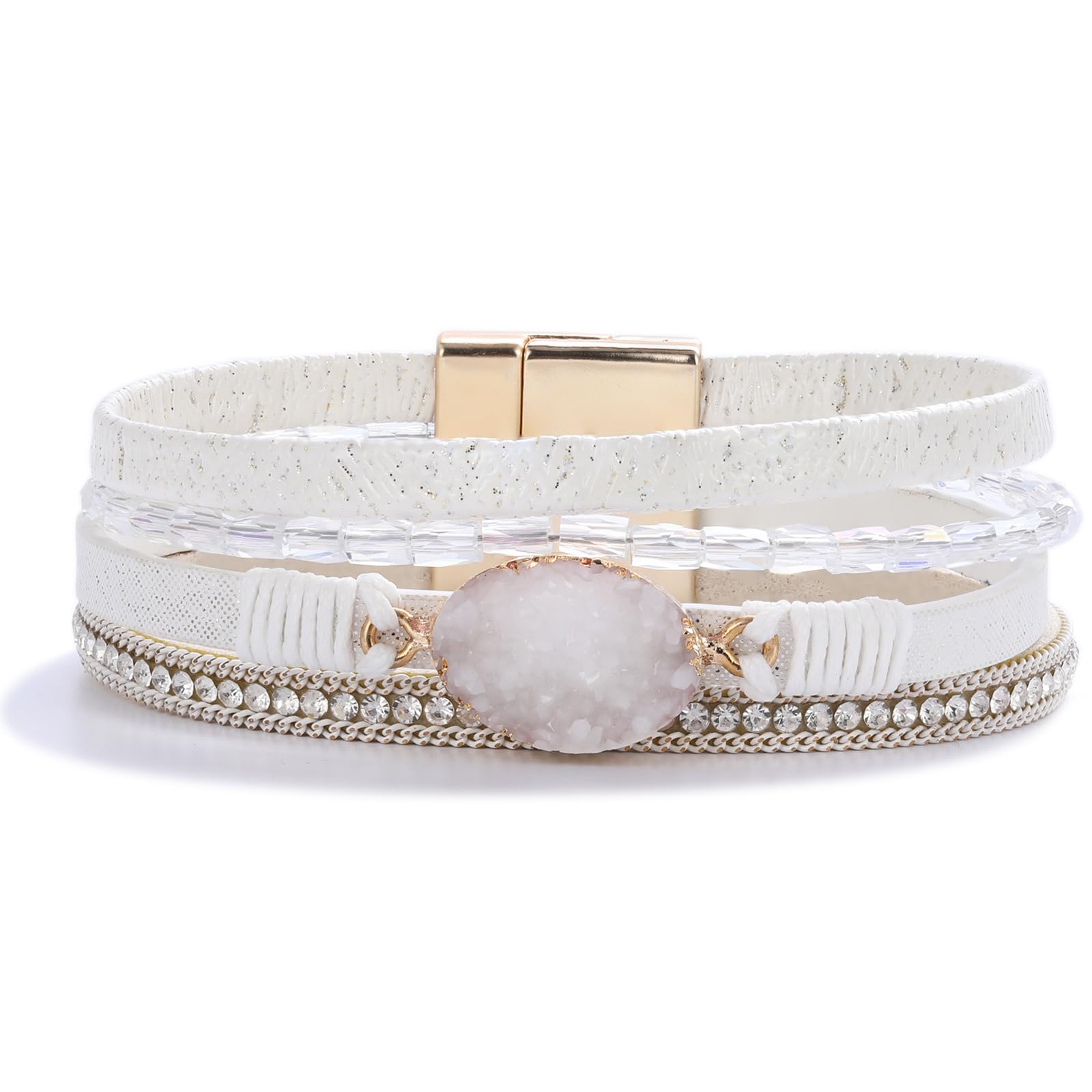 FANCY SHINY Leather Wrap Bracelet Boho Cuff Bangle Bracelets Crystal Bead Bracelet with Magnetic Clasp Jewelry Gifts for Women Stocking Stuffers Christmas Gifts