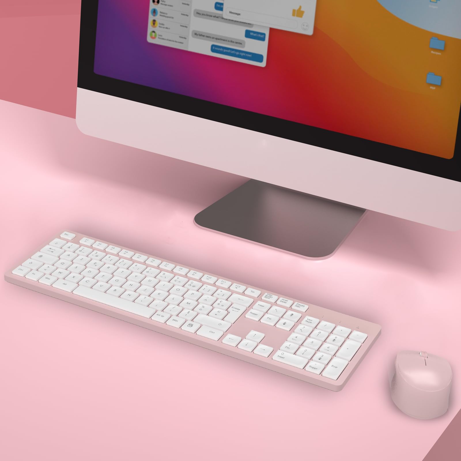 LeadsaiL Ensemble Clavier et Souris sans Fil, Ultra Mince and Silencieux Clavier AZERTY Français Pleine Taille 2.4G avec Récepteur USB pour PC, Ordinateur Portable, Windows, Mac -Rose