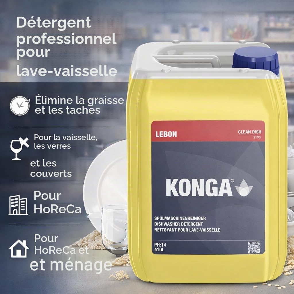 Konga Clean Dish – Nettoyant liquide pour lave-vaisselle professionnel avec dosage automatique (10 litres)