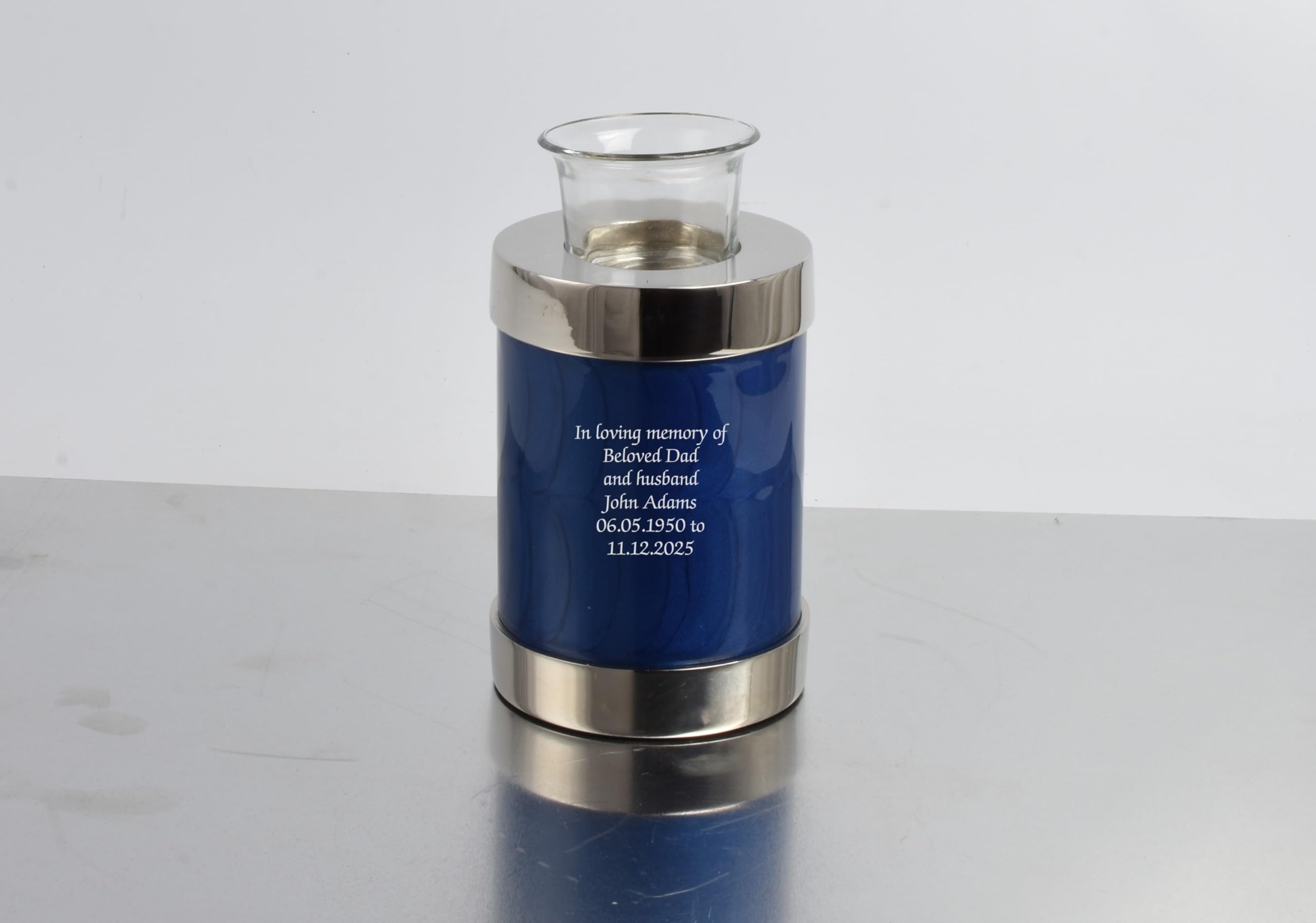 UrnsWithLove Elegant Aluminium Tealight Candle Urn Memorial Funeral Ashes Holder Child Pet Human Handcrafted Tribute (Blue-Text Engraved)