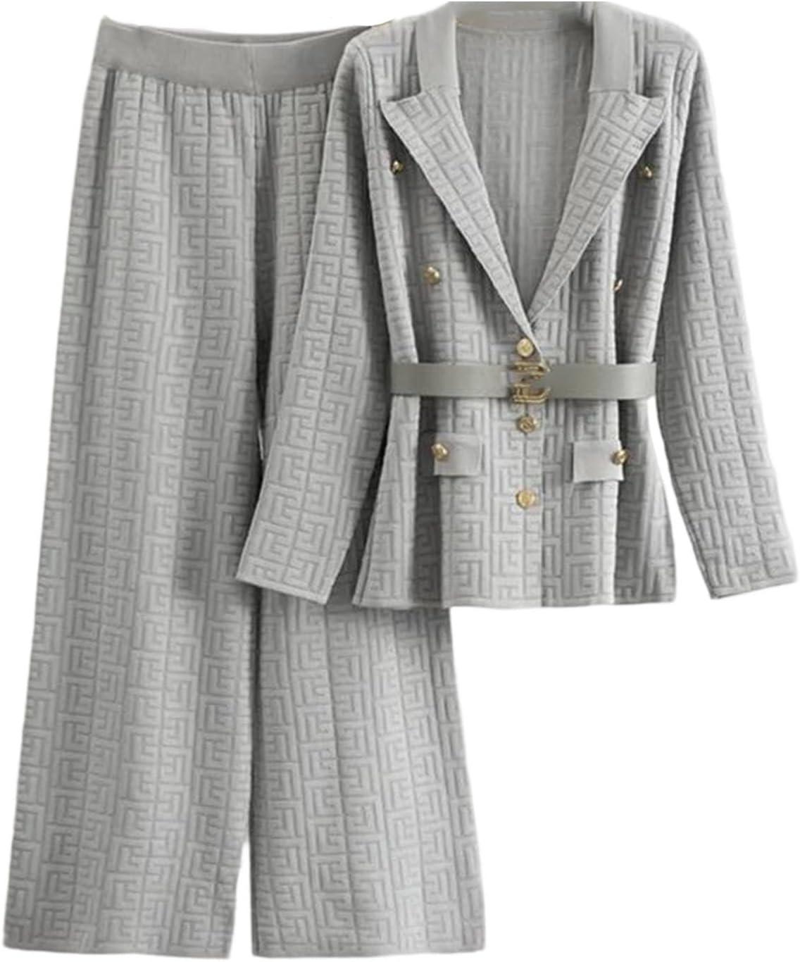 Women's Casual Loose Fit Turn-Down Collar Single Breasted Knitted Coat And Wide-Leg Pants Two Piece Outfit