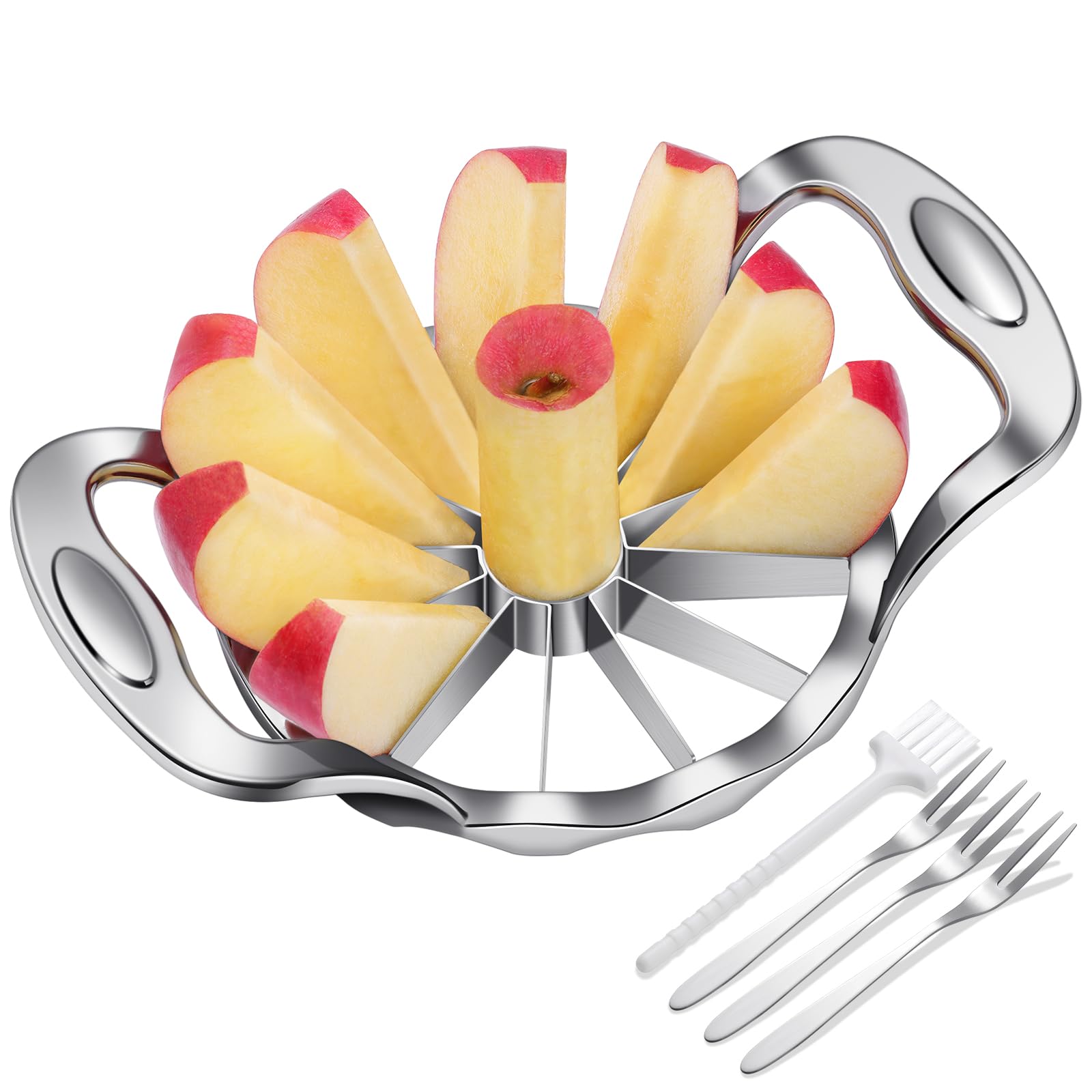 Cortador de manzanas grande de acero inoxidable de 12 rebanadas para cortar y dividir frutas con 3 tenedores de frutas y un cepillo de limpieza