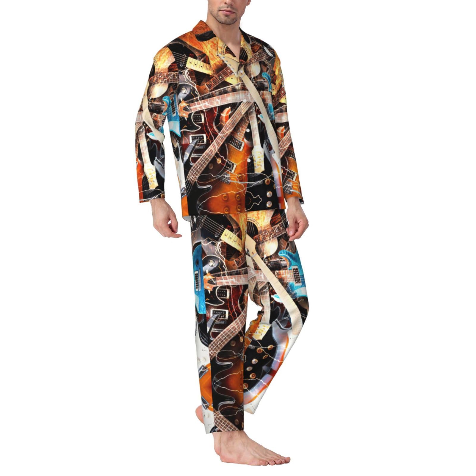Conjunto de pijama para hombre con estampado de guitarra musical, pijama suave de manga larga con botones y bolsillos