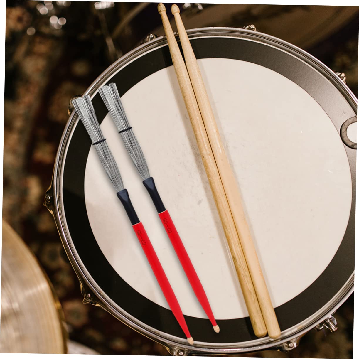 Levemolo 2-in-1 Drum Stick Brush Maple Drumsticks Wire Brush Wooden Handle for Drumming Beginner to Professional Red