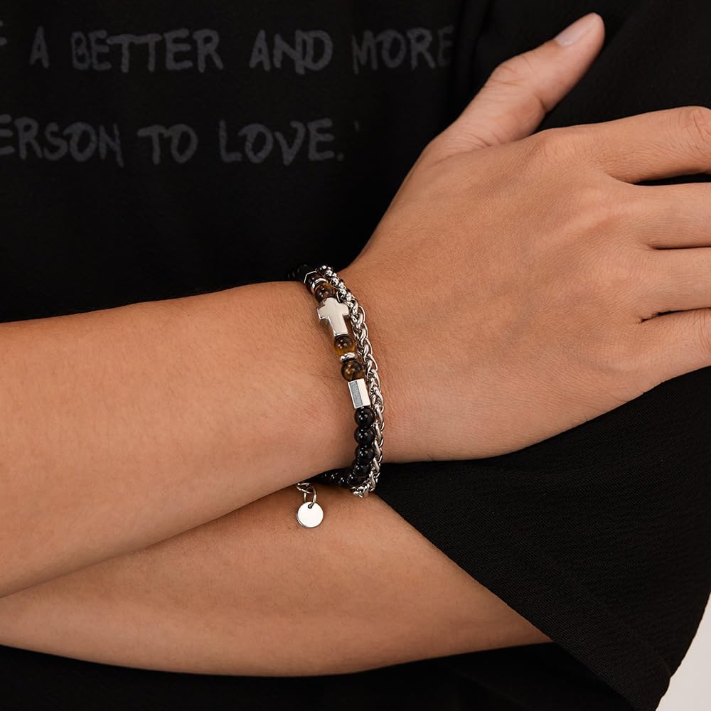 Cross Bracelet for Men,Stainless Steel Black & Tiger Eye Beaded Bracelet with Silver Religious Chain and Cross Charm Two Strand Adjustable Wristband Christian Jewelry 21 cm / 8.26 inches - Image 6