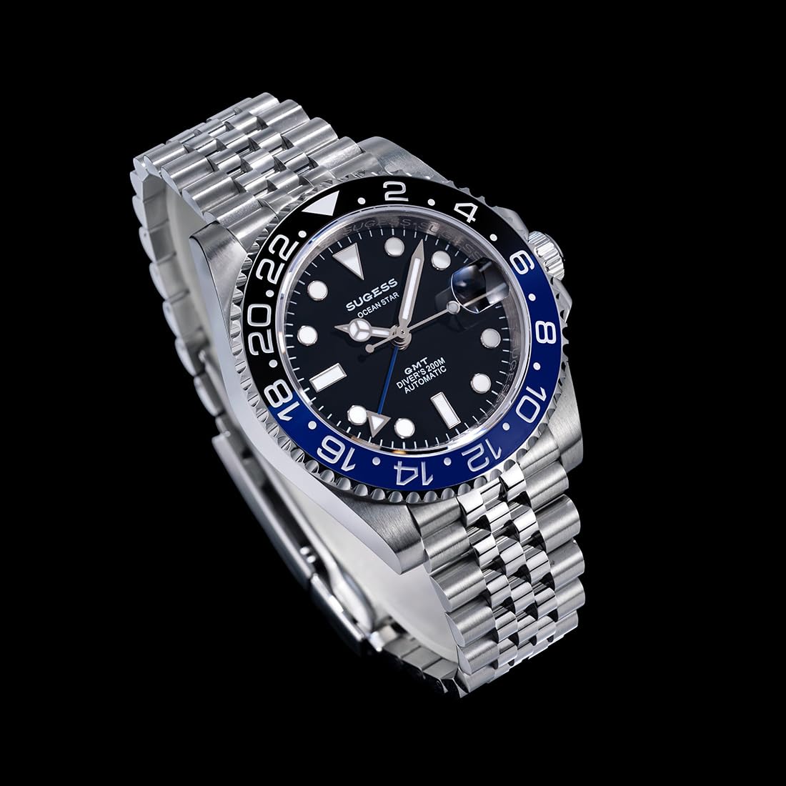 Sugess S420-2 GMT Automatico Acciaio Nero Blu Datario Zaffiro Orologio Uomo