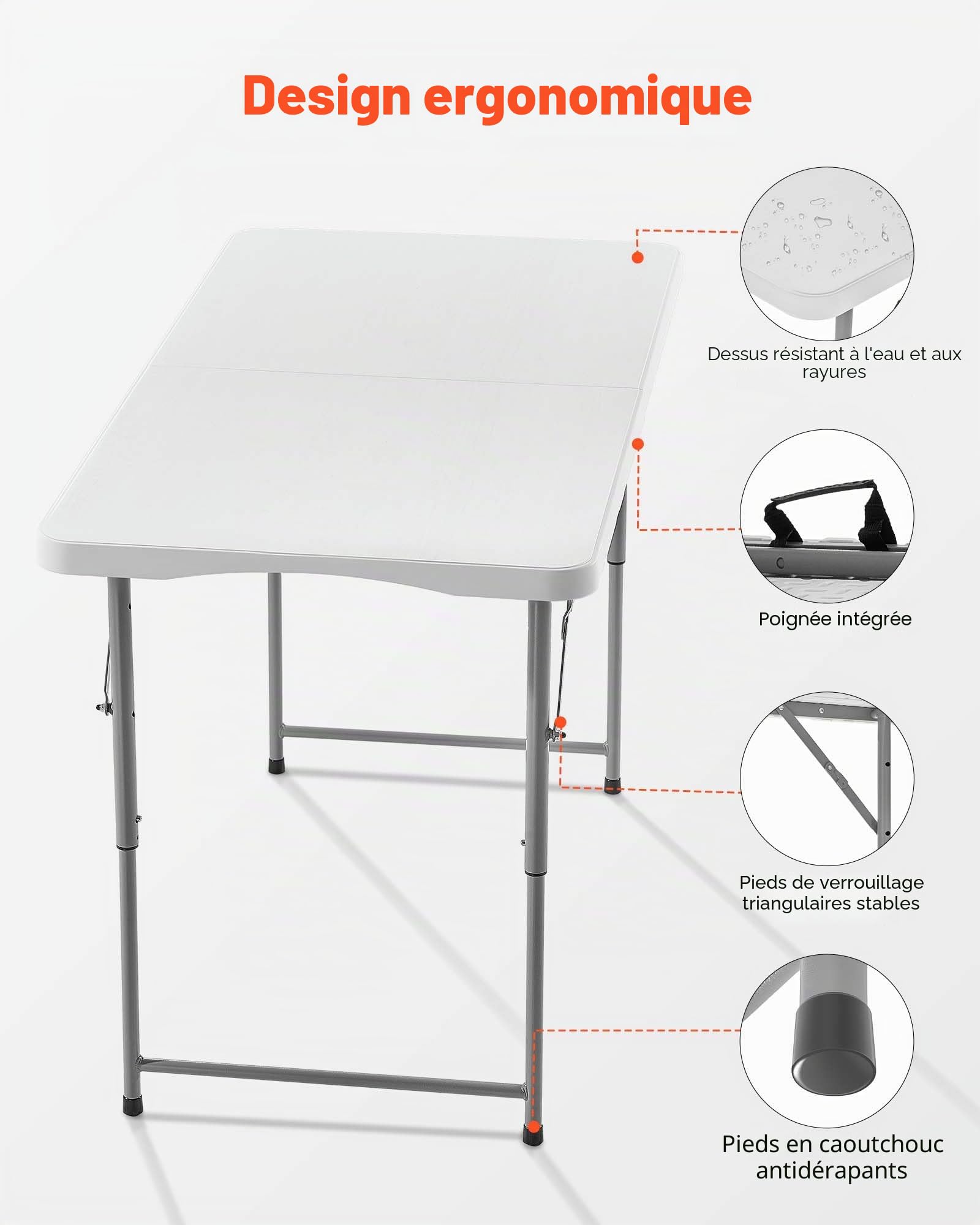 VEVOR Table Pliante Rectangulaire en Plastique, Table Utilitaire Portable de 122 cm, avec Hauteur Réglable et Poignée Intégrée, pour Dîner, Pique-Nique, Camping, Intérieur et Extérieur, Blanche