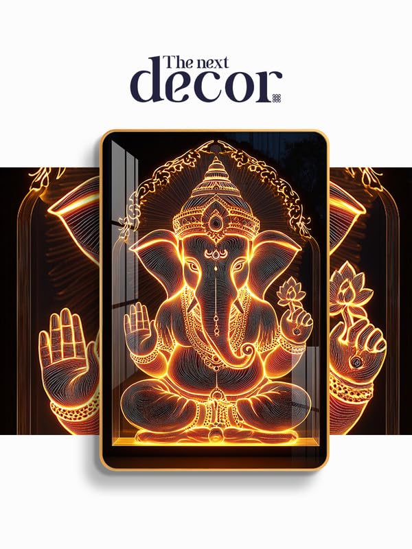 Image of The Next Decor Jai Shri Ganesh Wood Glass Finish Wall Art Decorative Painting for Living Room, Bedroom, Dining Room (Size: 18x12 Inches)