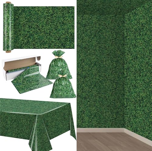 Image of Kochorie 54 Inch x 100 Ft Grass Plastic Table Cloth Roll Disposable Waterproof Football Field Table Cover Plastic Table Cover Roll with Easy Slide Cutter for Jungle Party /Sport /Outdoor Picnic