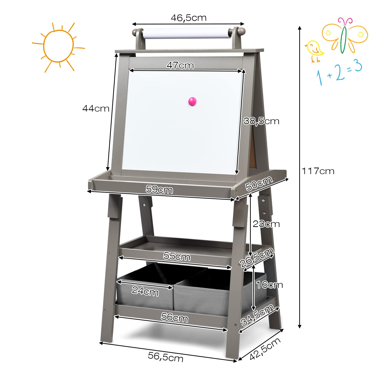 RELAX4LIFE 3 IN 1 Lavagna per Bambini, Cavalletto Pittura a Doppia Faccia, Lavagna Magnetica con Rotolo di Carta, Giocattolo Educativo 3+ Anni (Grigio)