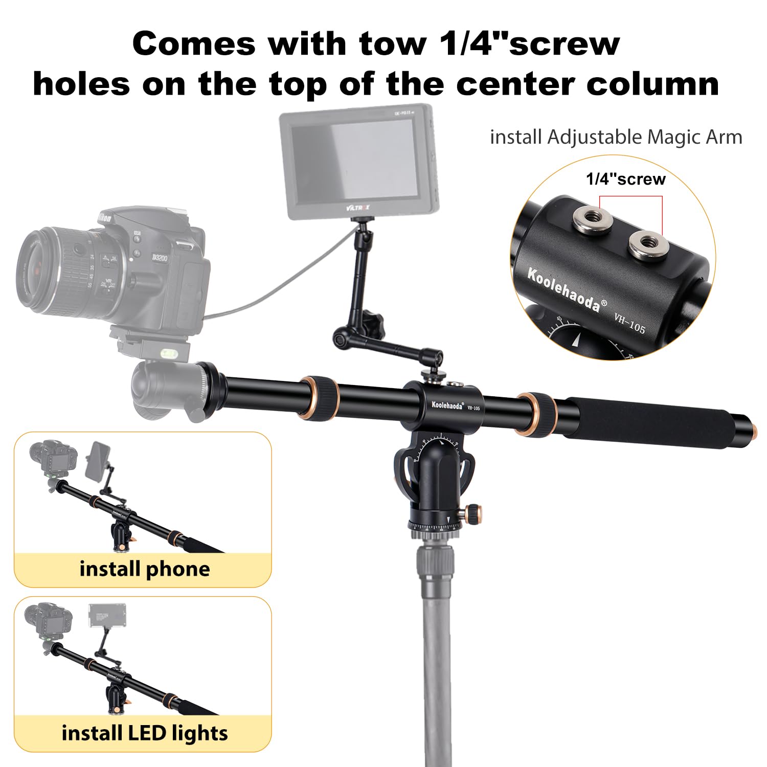 Koolehaoda Brazo de extensión de trípode de 105 cm Eje Central Horizontal Giratorio de 360 ​​​​° Brazo de extensión de trípode Ajustable verticalmente de 180 ° para cámara Fotografía aérea Macro