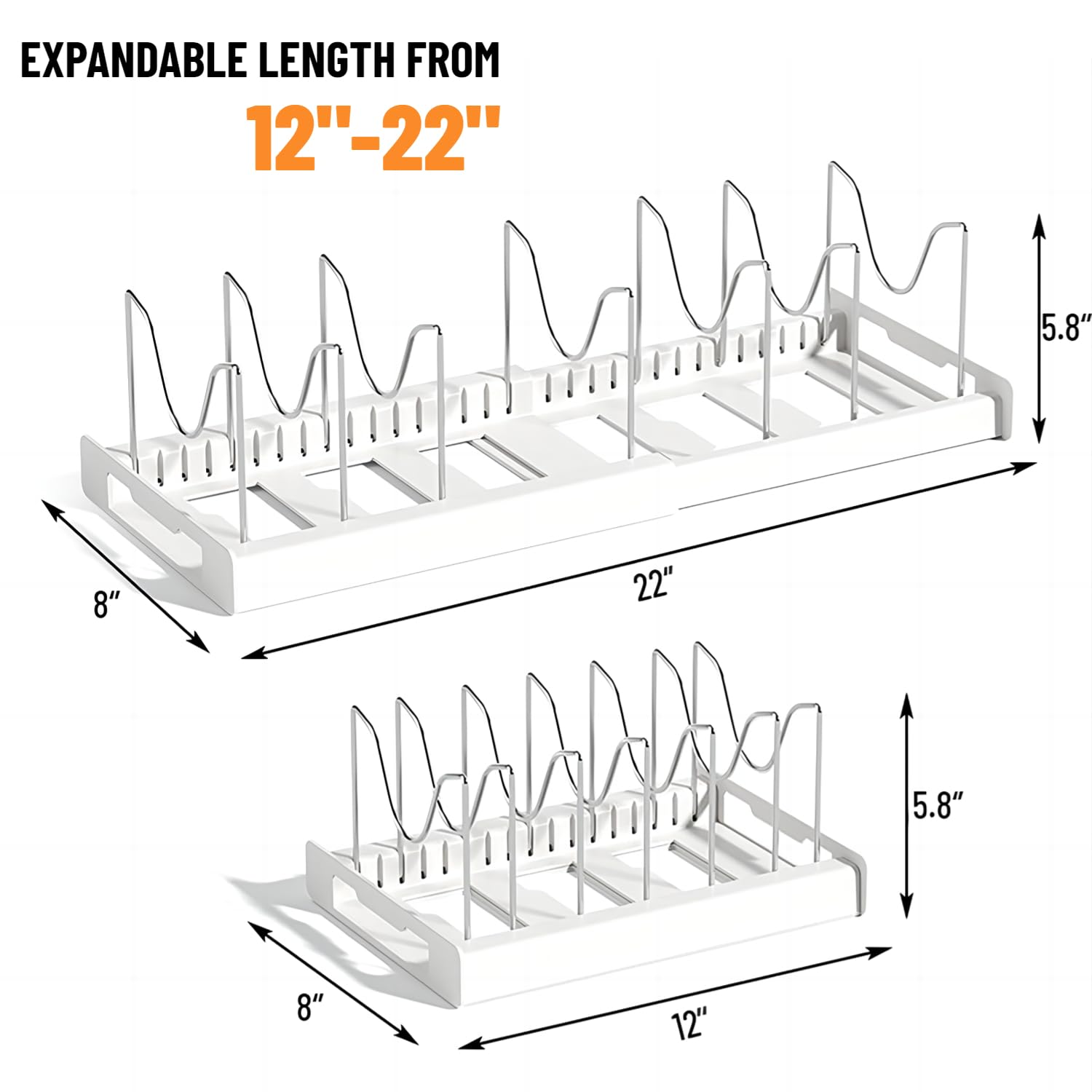 Sylfaen Pot and Pan Organizer, Expandable Pots and Pans Organizer Under Cabinet, Pot Lid Holder Rack with 7 Adjustable Compartment for Cutting Board, Bakeware, Dishes (White)