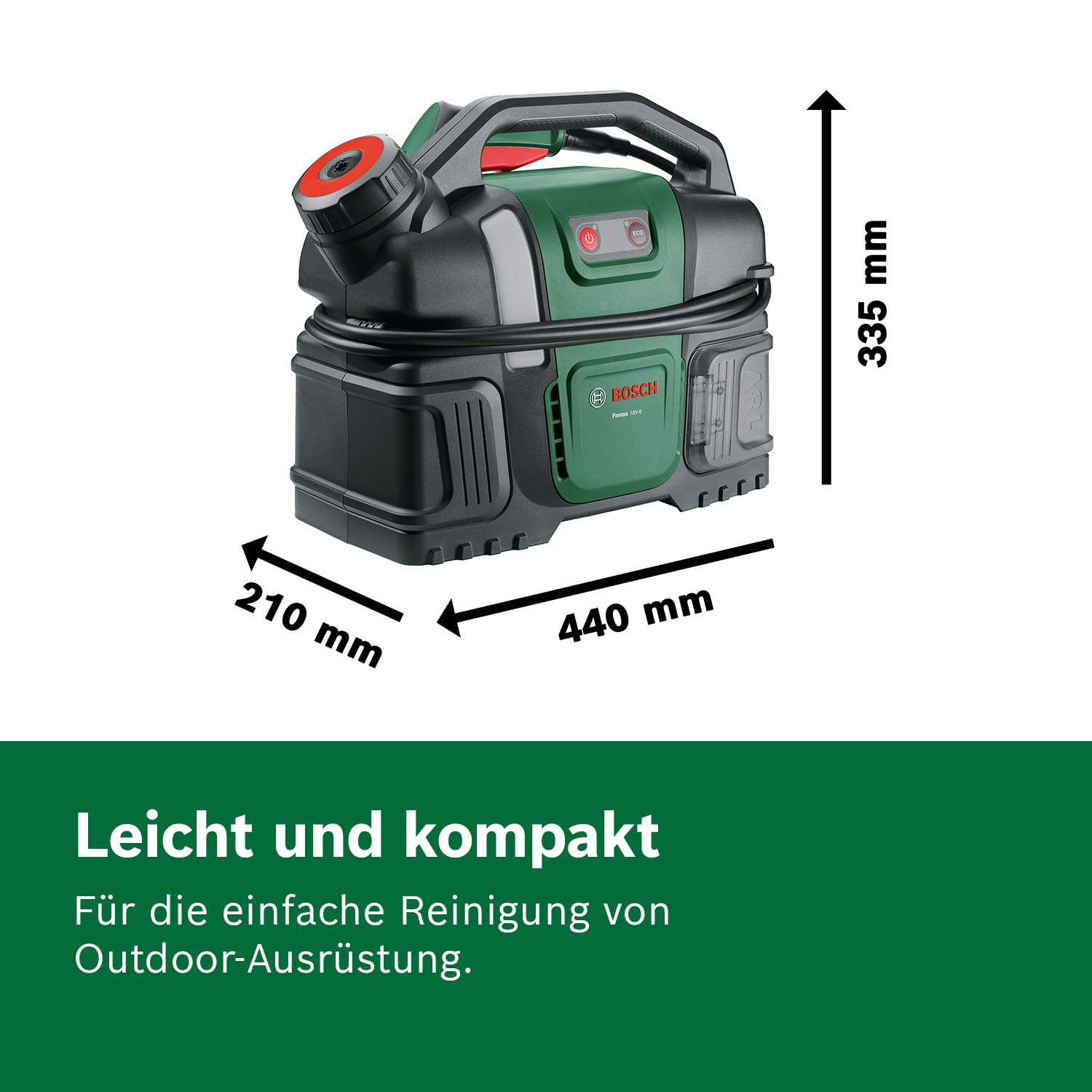 Bosch Akku-Druckreiniger Fontus 18V-6 für Fahrräder (mobil, mini, 6-Liter-Wassertank, 8 Druckstufen, Aufbewahrung für Schlauch und Pistole, inkl. 1 x 2,0 Ah 18V Akku und Ladegerät)