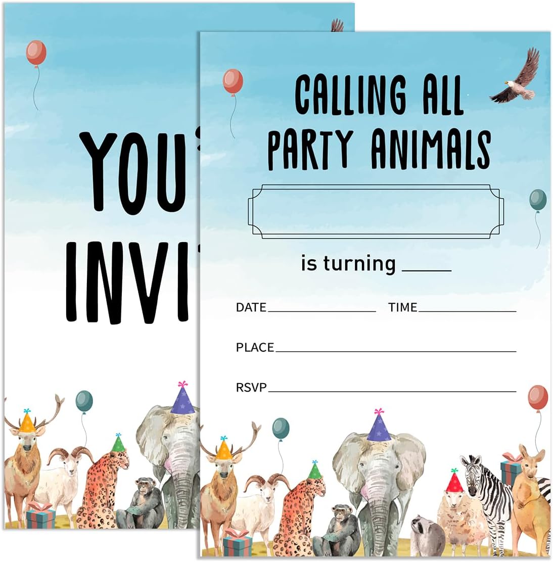 Safari Birthday Invitations for Boys Girls with Envelopes, Invites Cards for Kids Jungle Woodland Animals Birthday Party Elephant Deer, Calling All Party Animals, 4"x6" Set of 20