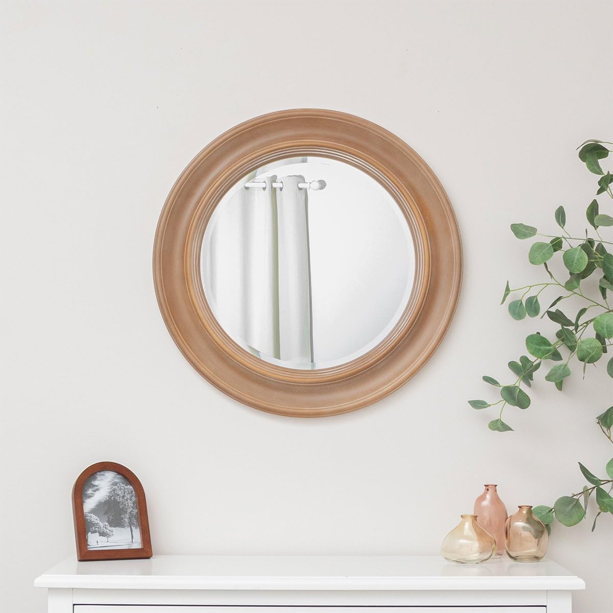 Melody Maison Round Rustic Pale Brown Wood Effect Wall Mirror 65cm x 65cm