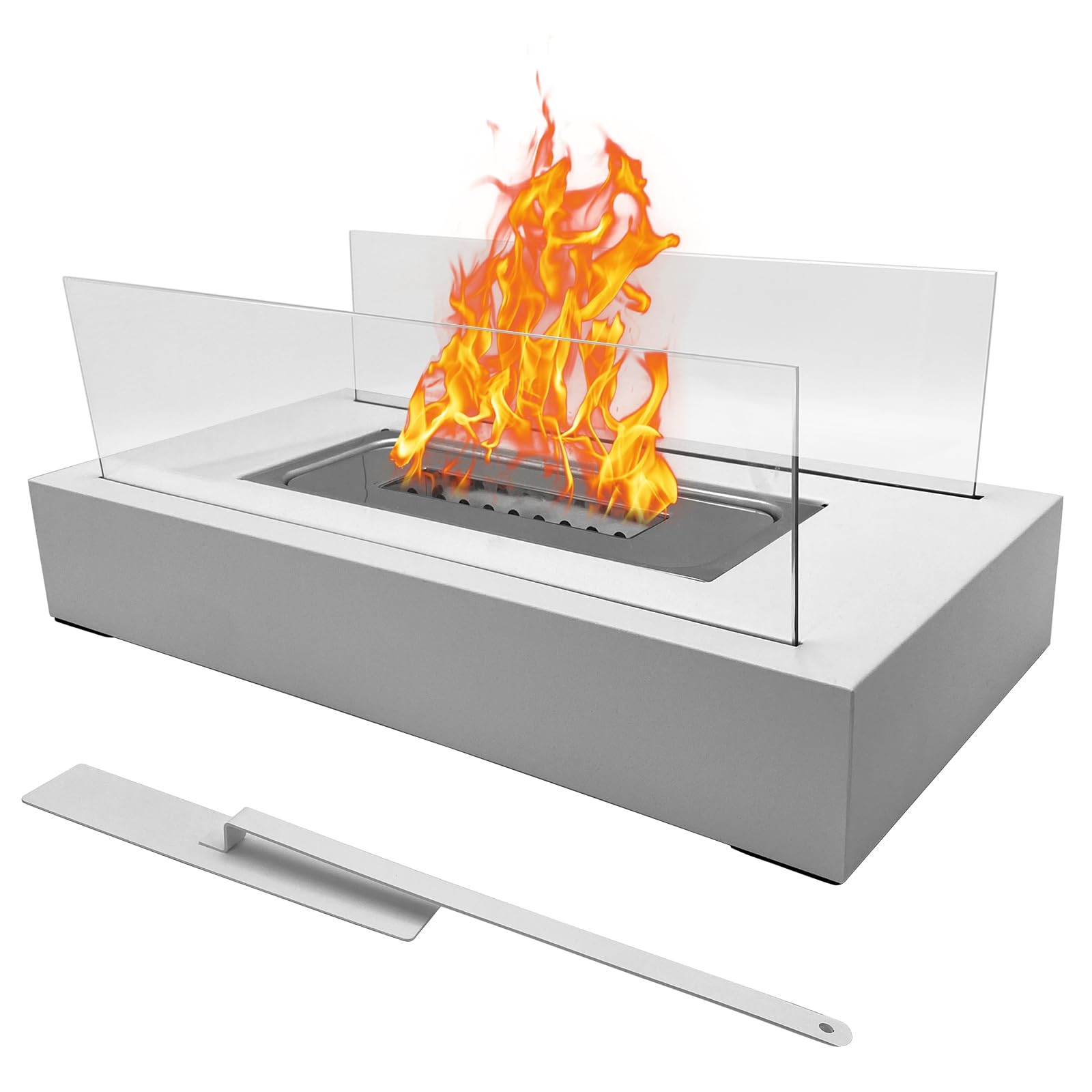 Tabletop Fire Pit with Glass Panels - Indoor Mini Fireplace Bowl - Outdoor Portable Table Fire Pit - Small Countertop Firepit for Patio Balcony Porch Camping Decor, Smores Maker, Gift Ideas (White)