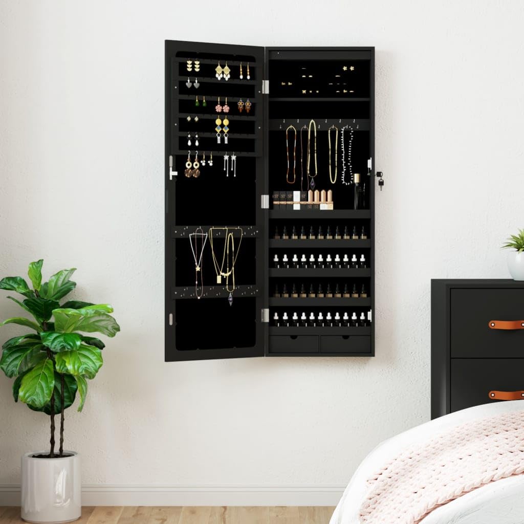 Artículos para el hogar, armario de joyería con espejo con luces LED, montado en la pared, negro, muebles de traje