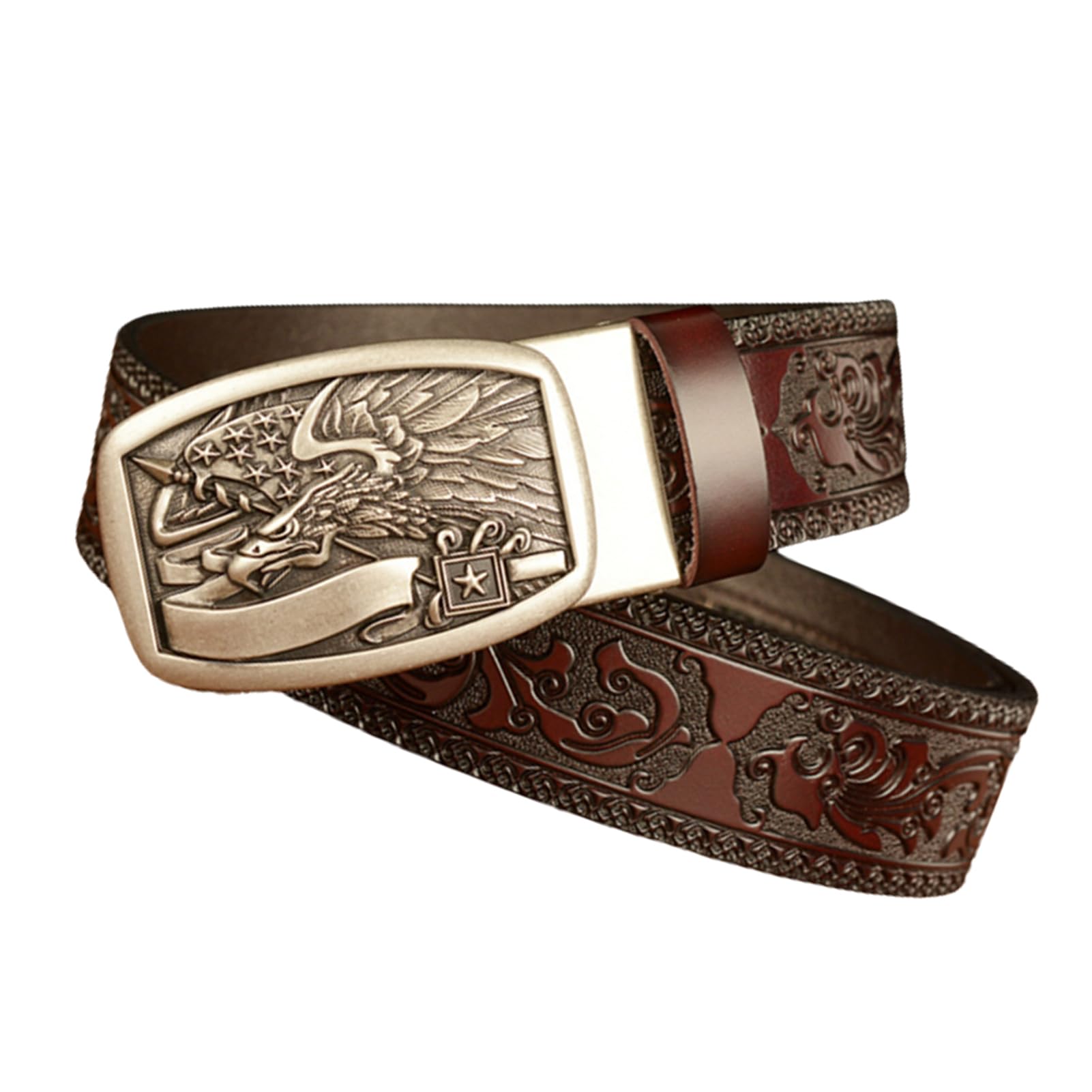 Cinturón De Cuero Con Trinquete Automático Tallado En Animales, Hebilla Deslizante Ajustable, Cinturón Ocio Relieve, Cintura 130cm/44-46", Marrón