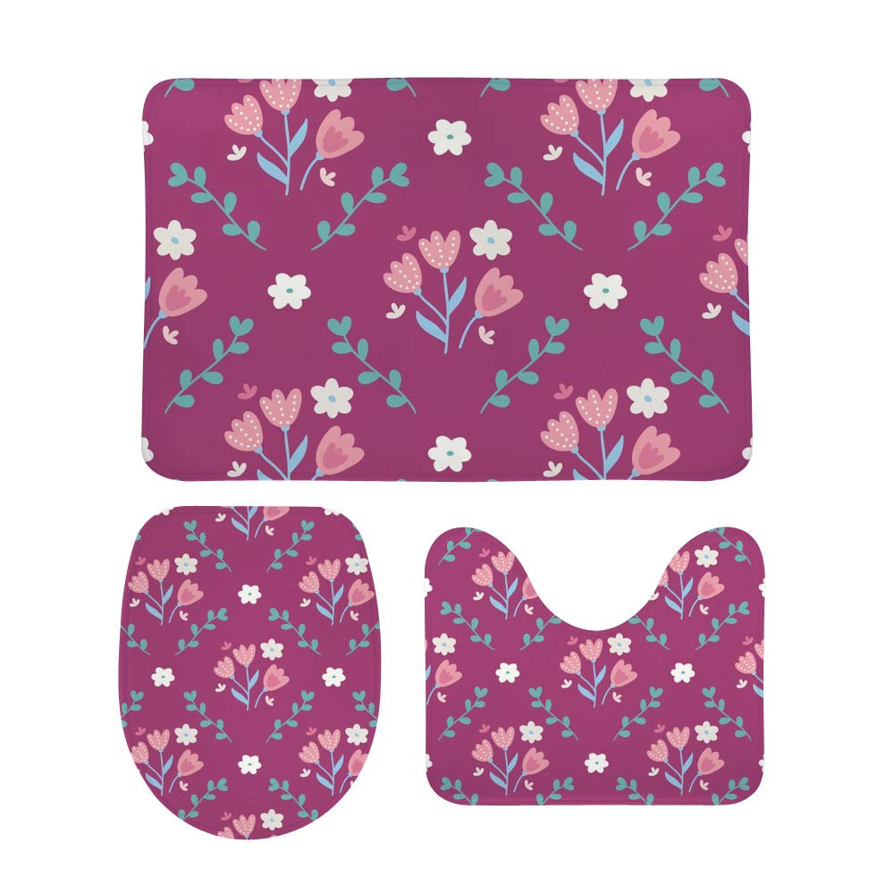 Lot de 3 tapis de bain en mémoire de forme motif petits bouquets de fleurs rose
