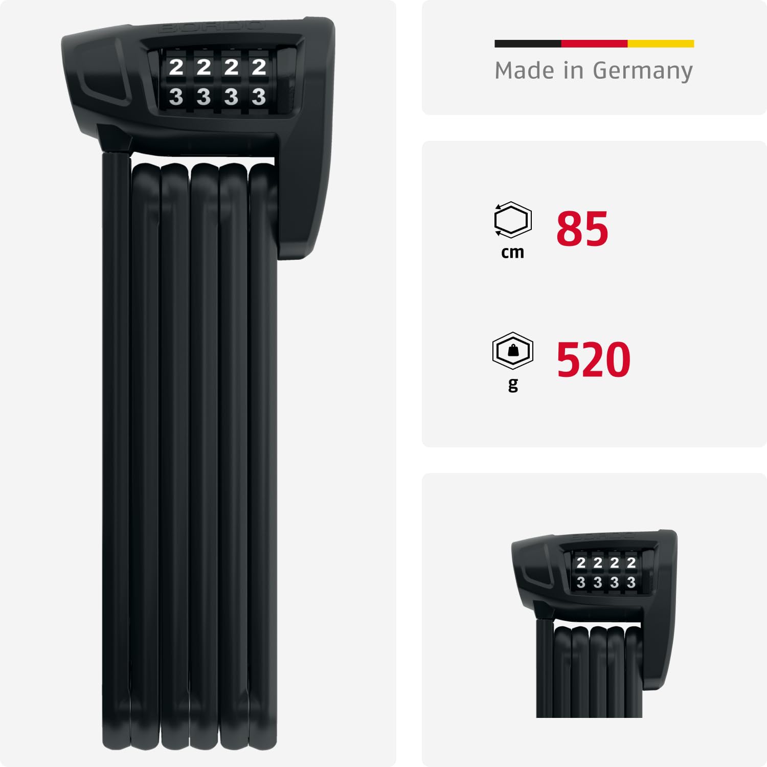 ABUS Faltschloss Bordo Combo Lite 6150/85 mit Tasche - Extra-leichtes Zahlenschloss aus Spezialstahl - ABUS-Sicherheitslevel 6-85 cm - Schwarz