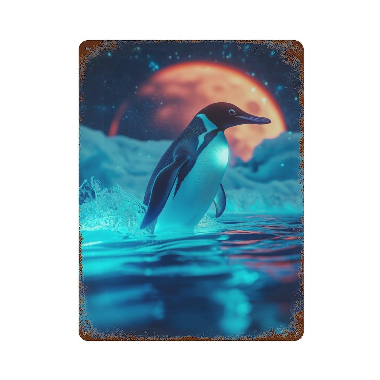 Rust Effect Tin Sign with Penguin Under A Red Moon Design 15.7"x11.8", for Pub, Kitchen And Man Cave Decor, Industrial Home Decor