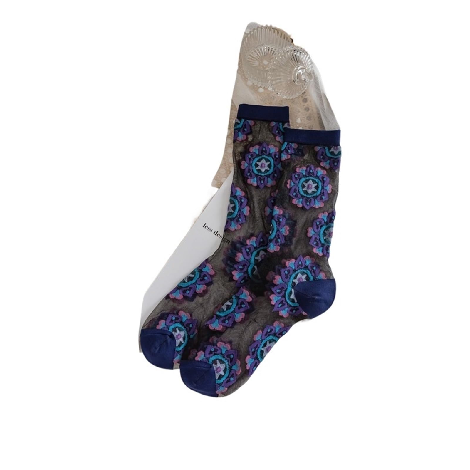 ZUGLQYSX Sheer Socks 2pairs Women Summer Ultra-thin Transparent Crystal Silk Socks Breathable Retro Embroidery Elastic Long(Blue)