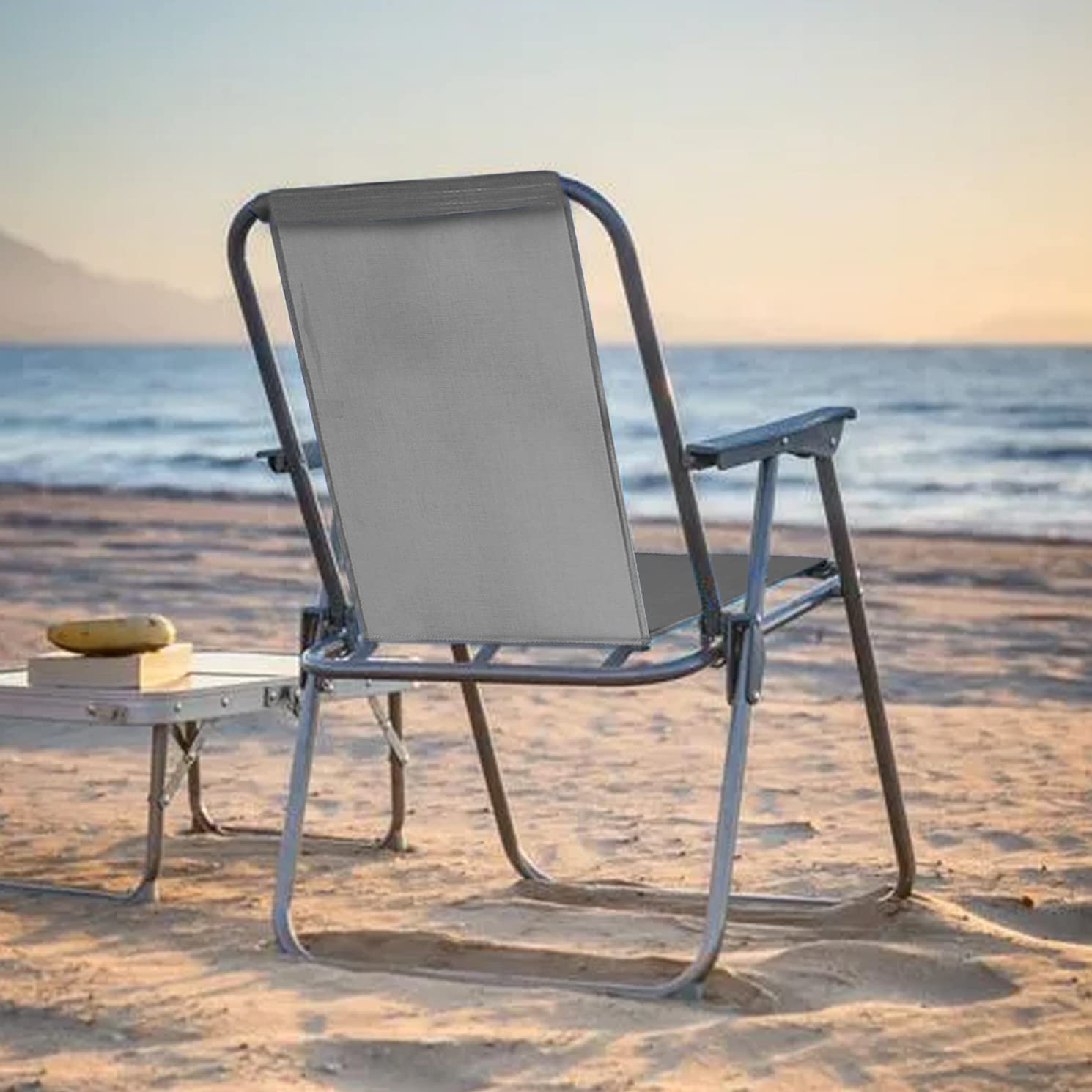 TIENDA EURASIA® Silla de Playa Plegable con Reposabrazos - Estructura de Acero Resistente - Asiento de Lona Impermeable - Estampado a Rayas - 75 x 53 x 43 cm - Ideal para Playa o Camping (Grey)