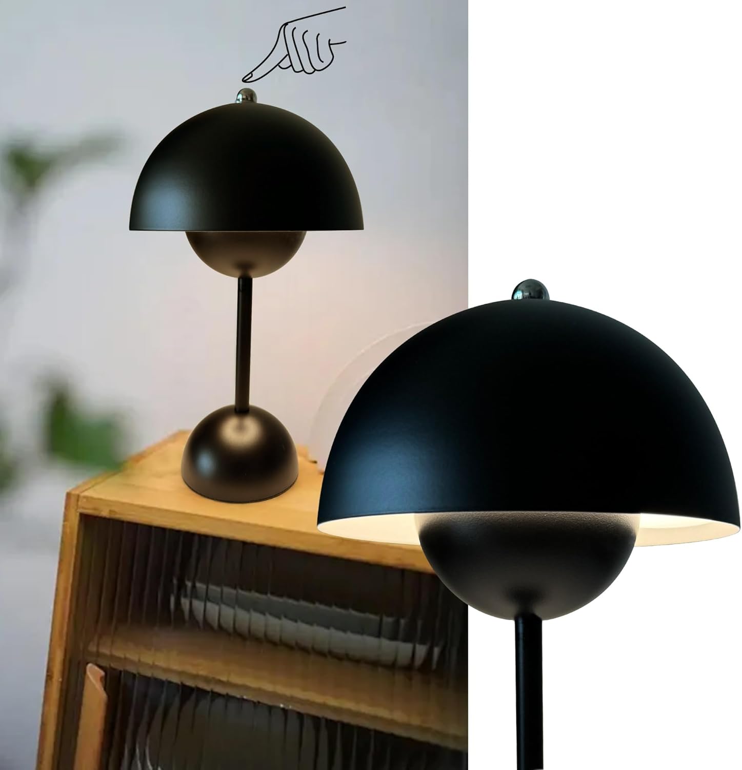 Flowerpot Table Lamp with USB Charging Cable, 3 Colors Stepless Dimmable Touch Desk Lamp, Cute Dome Shade Mushroom Bedside Reflecting Light for Nightstand Bedroom, Restaurant (Black)