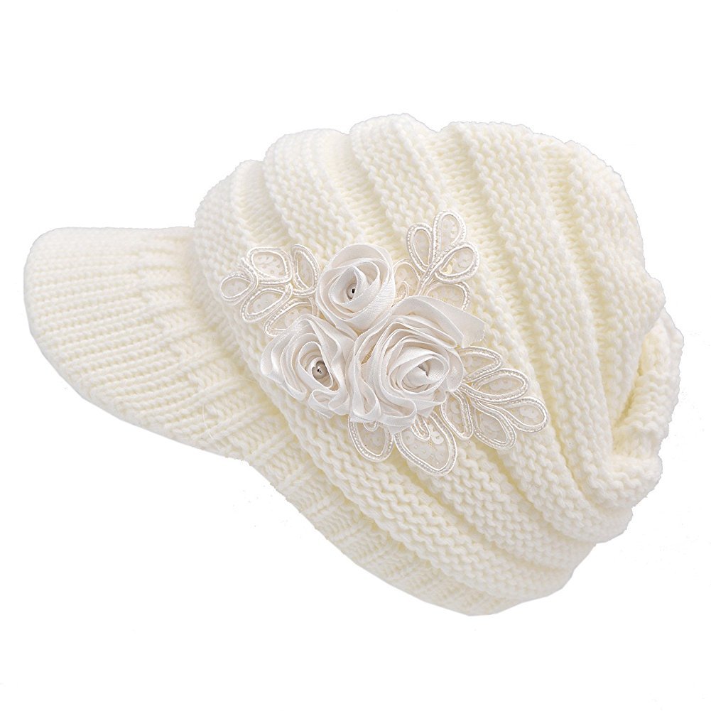 Hugestore Women's White Winter Crochet Peaked Beanie Cap Hat Knitted Skull Cap