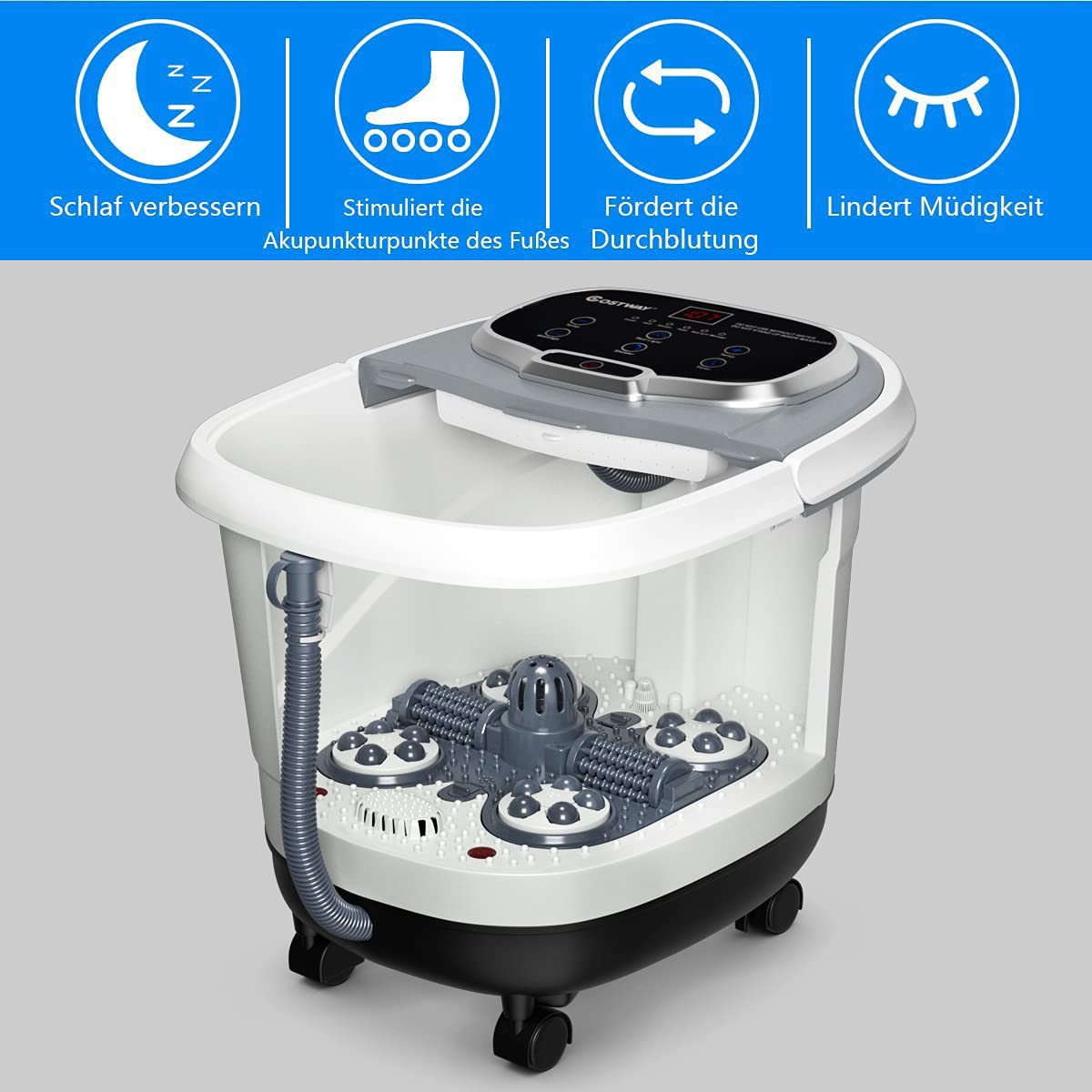 RELAX4LIFE Fußbadewanne elektrisch, Fußbad Massagegerät 10-60 min. Timer, 35-48℃, Rollbare Fußwasserwanne mit Universalrädern & Bremsen, Fußmassage mit Heizungs- & Dusch-Funktion (Grau)