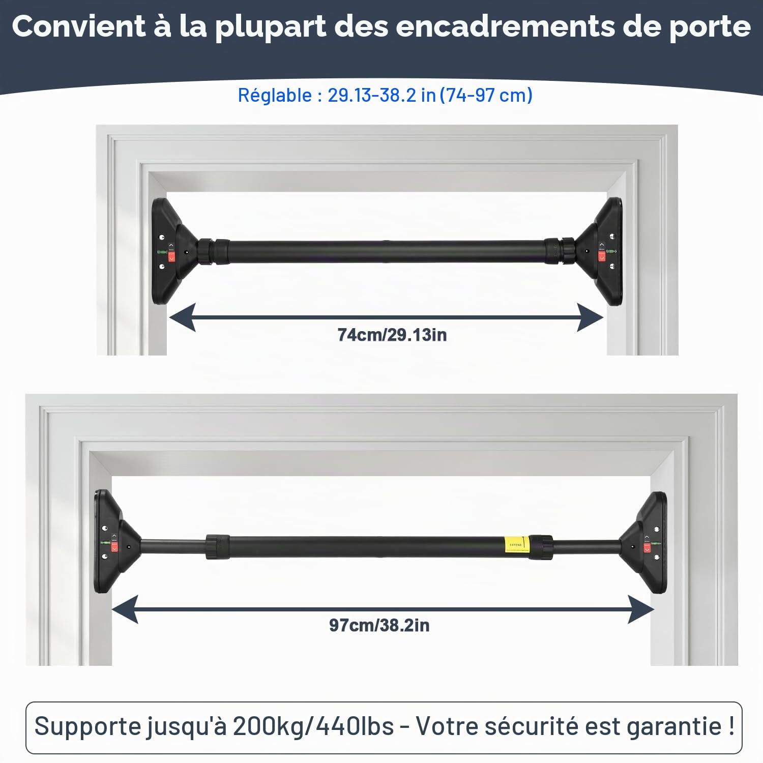 Barre de Tractions, Barre de Traction pour Porte sans vis, Barre de Traction réglable de 74 à 97 cm, Jusqu'à 200 kg,Bar de Traction Avec Niveau à Bulle