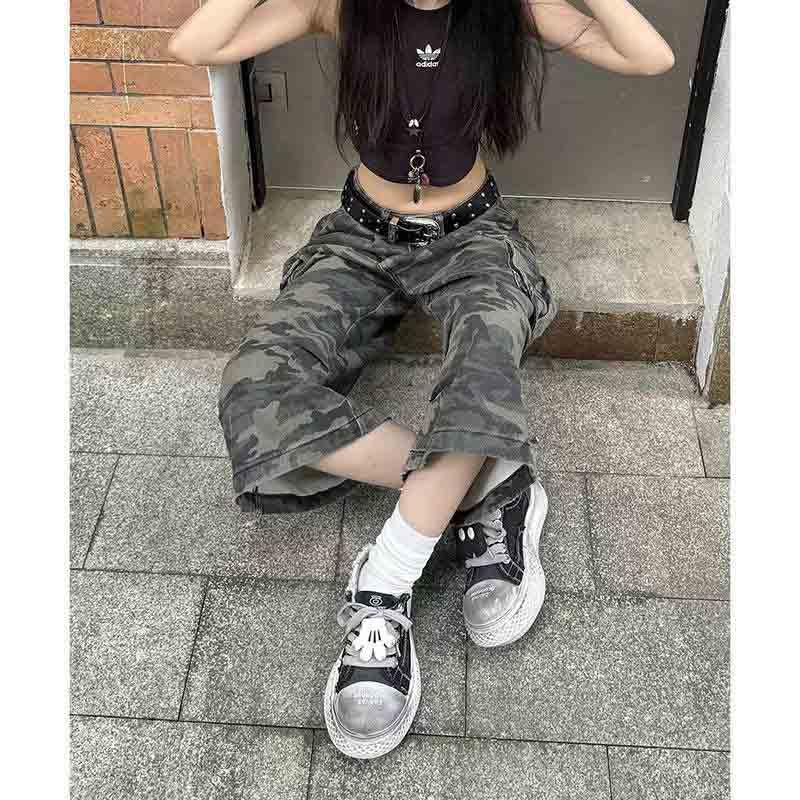 BXCNCKD Women's high Waist Slimming Camouflage Loose Wide Leg Pants Street Trend Seven Quarter Jeans Cargo Pants2