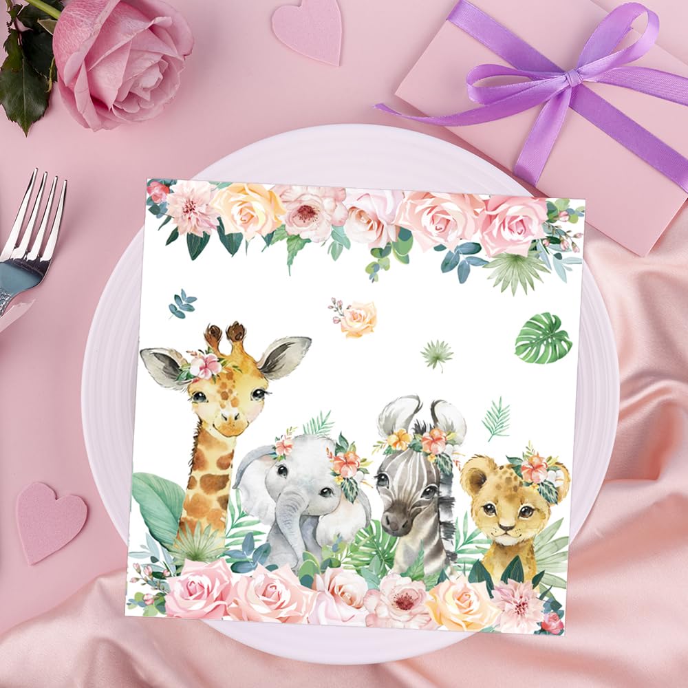 40 Tovaglioli Di Carta Animali Giungla, 33x33 Cm, Per Festa Primo Compleanno Bimba, Decorazione A Tema Foresta