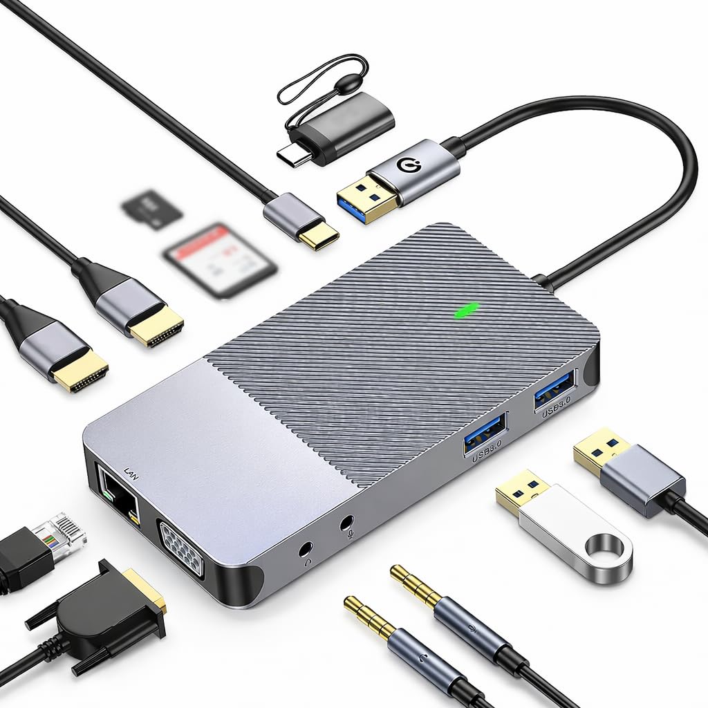 Gugxiom Hub USB C con Triplo Display 11 in 1, Design in Alluminio con Doppia Uscita HD e VGA, Docking Station USB con Slot LAN 3.0 TF, Audio da 3,5 Mm per Laptop A e Tipo C.