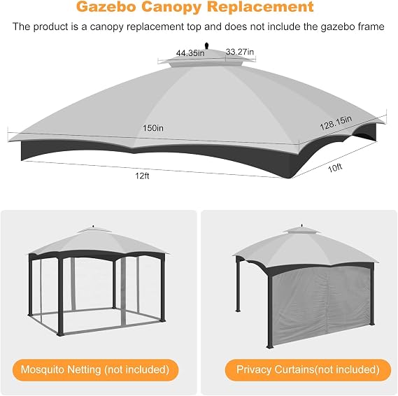 10x12 Replacement Canopy for Lowe's Allen Roth Gazebo, Double-Tier Roof Cover with Air Vent, Heavy Duty Waterproof Gazebo Cover for Patio Garden Yard (Gray)