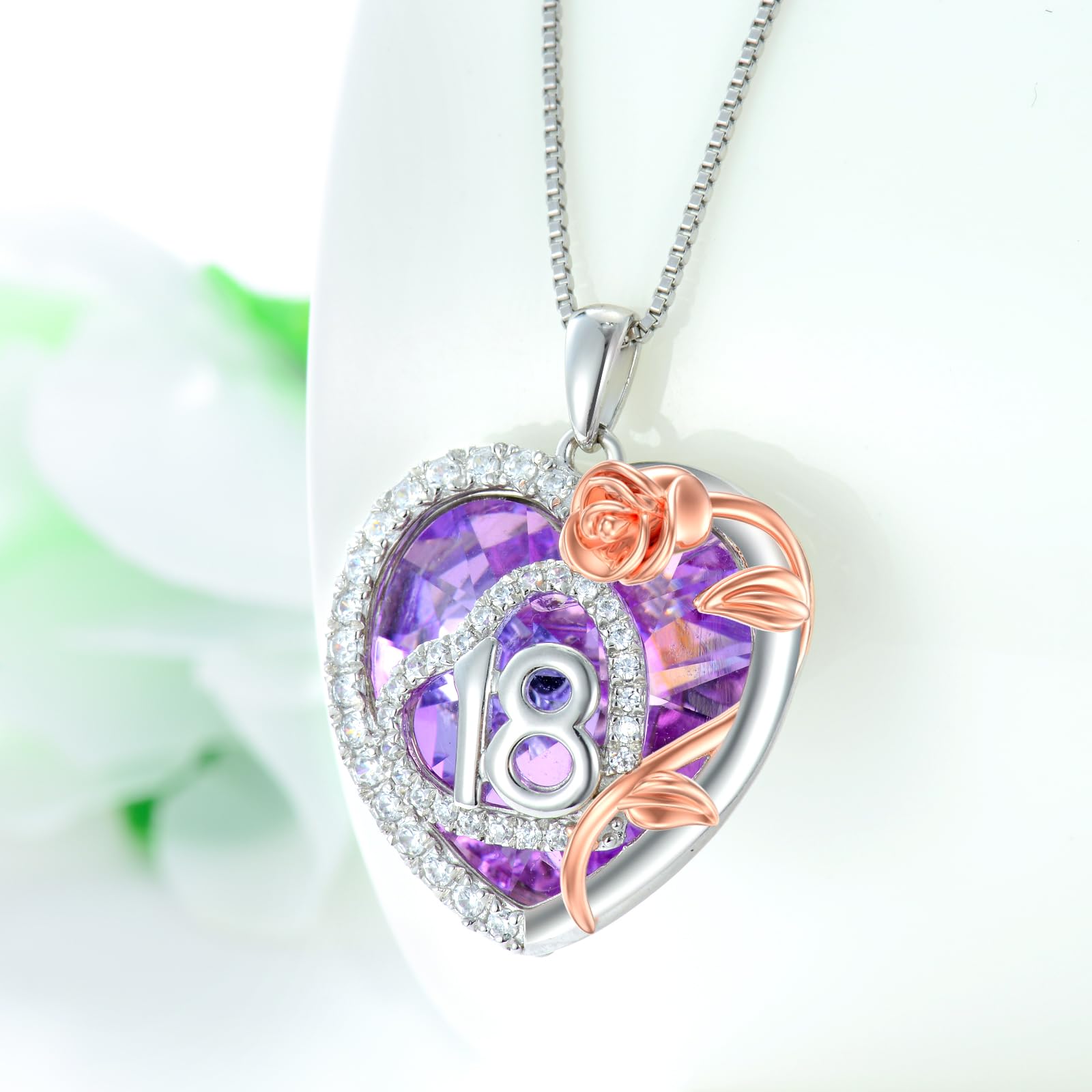 Cadeau d'anniversaire pour fille - En argent sterling 925 - Pendentif en forme de rose - Cœur - Cristal - Cadeau d'anniversaire - Cadeau pour fille de 18 ans, Argent sterling,