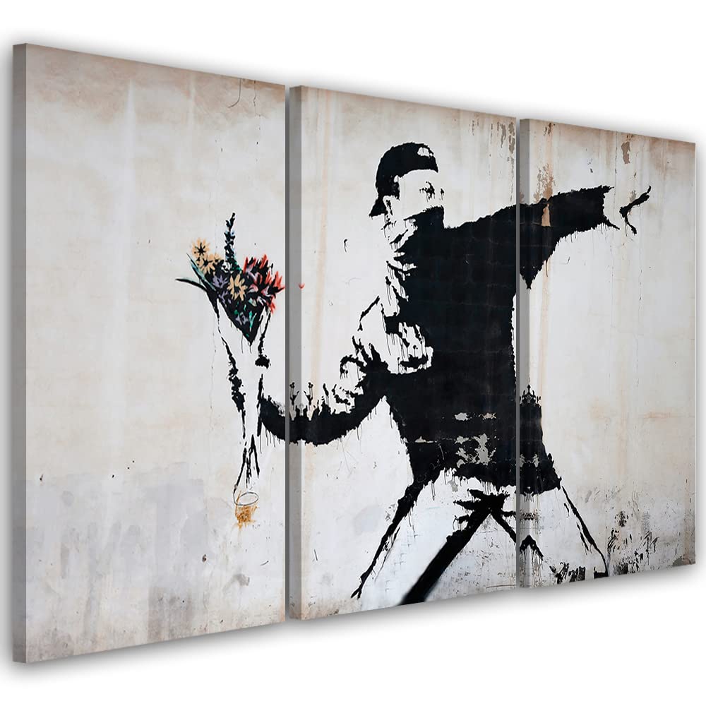 Feeby 3-teilig Vlies Leinwandbild 90x60 cm Straßenkunst Banksy Graffiti Wanddeko Design Kunstdruck Zimmerdeko Bilderwand Fototapete Blumen-Werfer Grau
