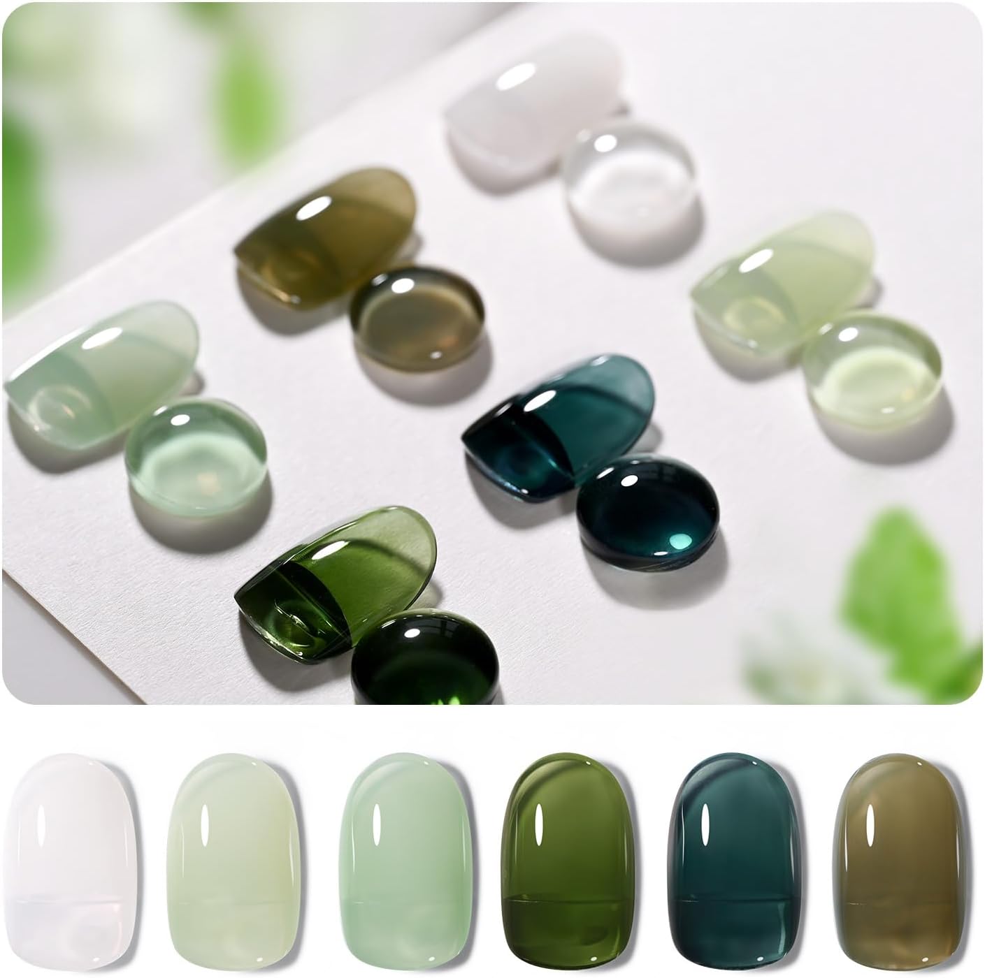 Jelly Green Gel Nail Polish Set, 6 Transparent Colors Sheer White, UV Light Cure Gel Polish for Salon and Nail Art DIY at Home