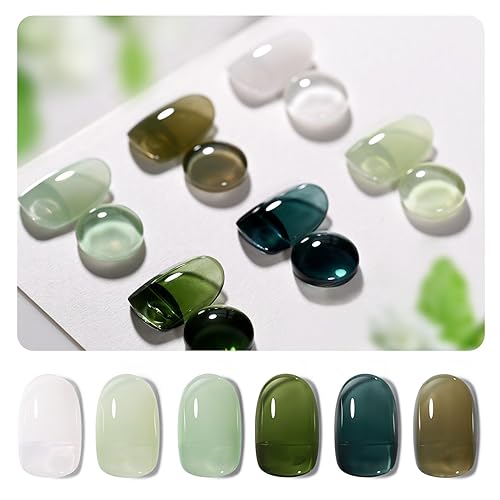 GAOY Jelly Green Gel Nail Polish Set, 6 Transparent Colors Sheer White, UV Light Cure Gel Polish for Salon and Nail Art DIY at Home - Emerald Green