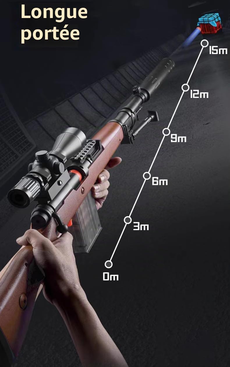 Fusil de sniper en mousse 98K avec lunette de visée, 20 fléchettes officielles, 6 douilles de balle, fusil de sniper jouet manuel pour les enfants de plus de 6 ans (84 cm)