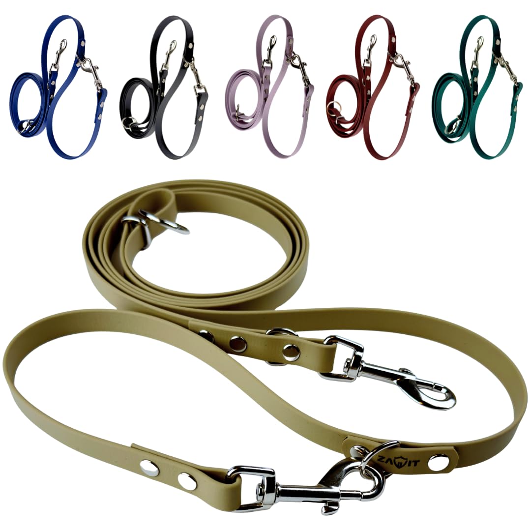 ZAVVIT - Stufenlos verstellbare Biothane-Hundeleine, 3m | 16mm breit | 2 Karabiner, 2 D-Ringe, 1 Rundring | Für 1 oder 2 Hunde | Wasserfest & langlebig (Oliv)