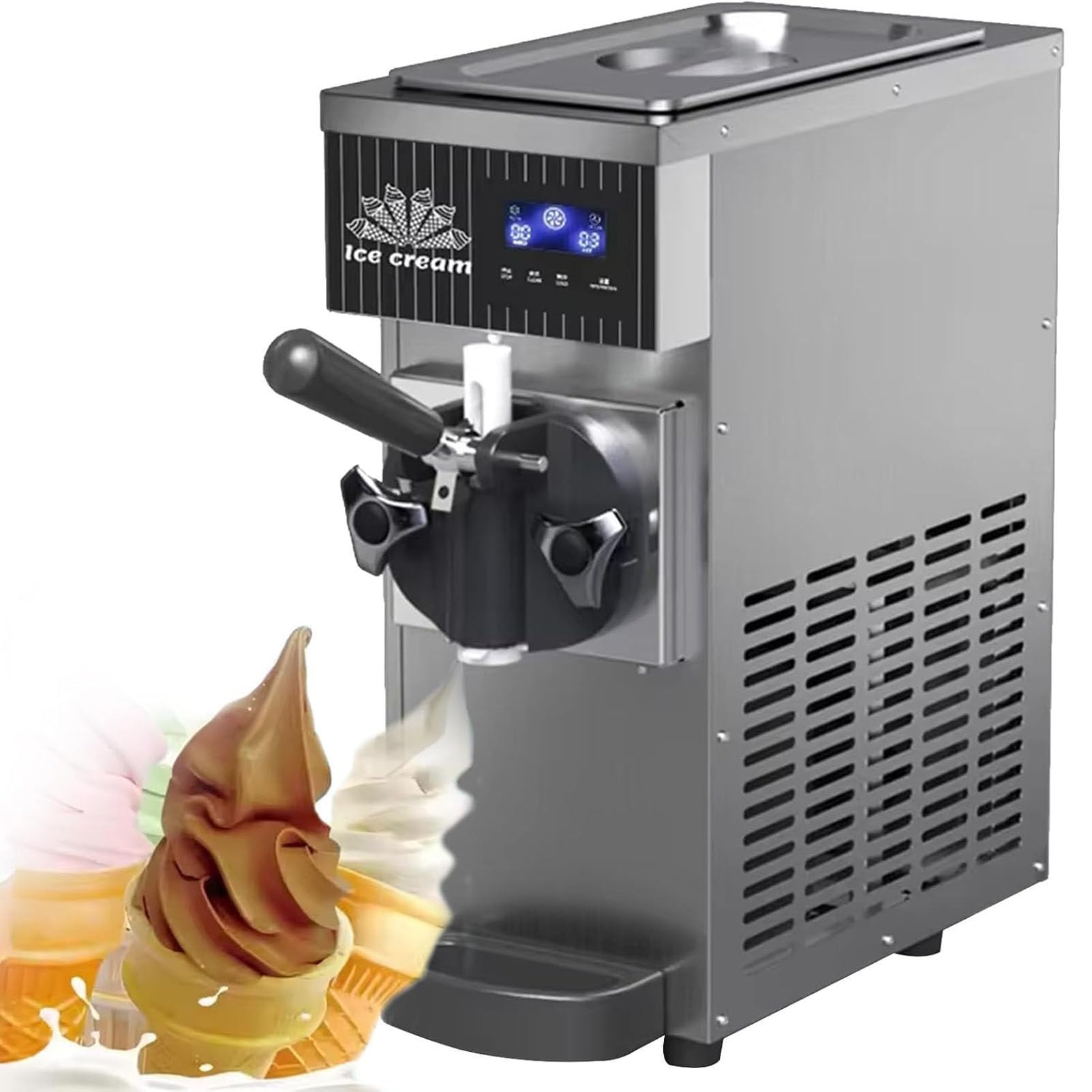 PioMue Professional Soft Serve Ice Cream Maker, Commercial Hard Ice Cream Machine, Soft Ice Cream 4-5 Kg/Hour, LCD Panel, for Yogurt, Coffee, Snack Bar, Restaurant StainlessSteel