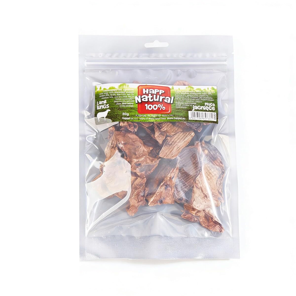 HAPPET Getrocknete Lamm Lunge für Hunde & Katzen 80 g – Natürlicher Hundesnack & Katzensnack aus 100% Lamm, Proteinreich, Fettarm, Getreidefrei, Schonend Getrocknet