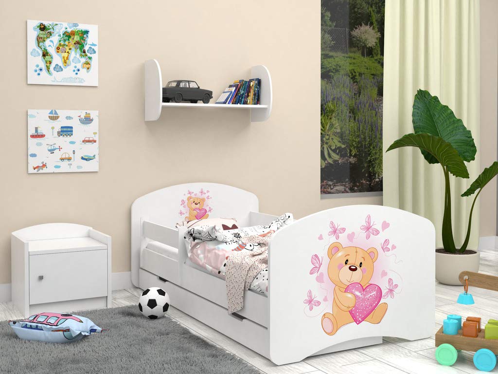 Happy Babies - Dwustronne łóżko dziecięce z szufladą Nowoczesne wzornictwo z bezpiecznymi krawędziami i zabezpieczeniem przed upadkiem materac piankowy 7 cm. (180x90, 07. Miś w miłości)